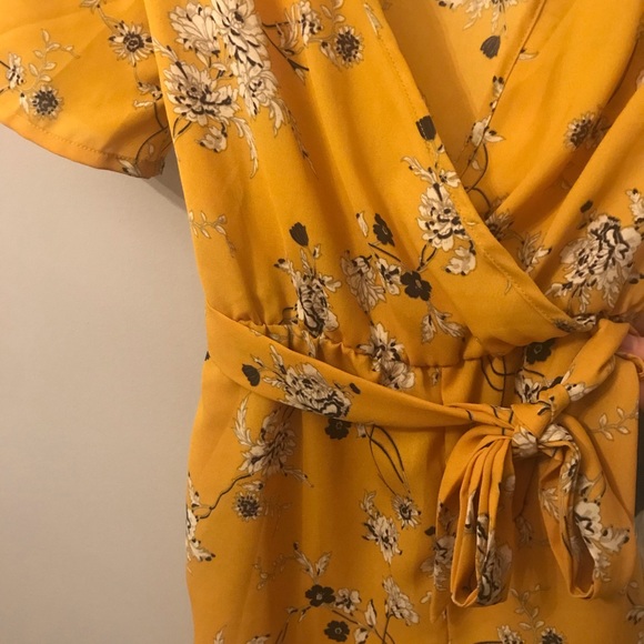 Mustard Yellow Floral Wrap Front Tie Belt Romper - Picture 3 of 4